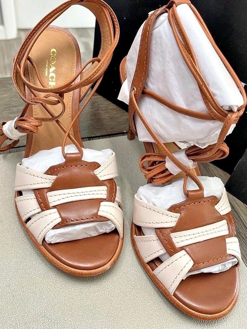Coach Kiara Mat Calf/Mat Calf Strappy Heeled Sandals Brown & Cream US 5.5 M NIB
